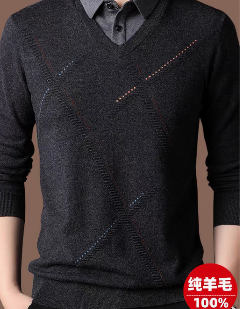 恒源祥纯羊毛衫男衬衫领2022秋冬商务休闲...