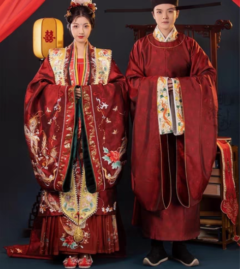 包邮出租砚滨纱【凤求凰】宋制男女款拖尾婚服...