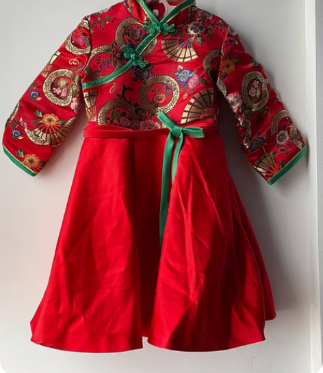 红色 唐装 汉服裙子 拜年 花童 演出 感...