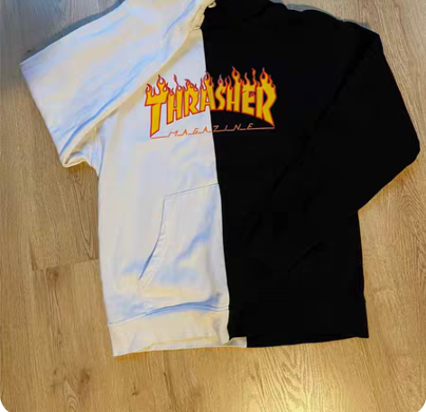 包邮王一博同款火焰 黑白拼色卫衣 over...