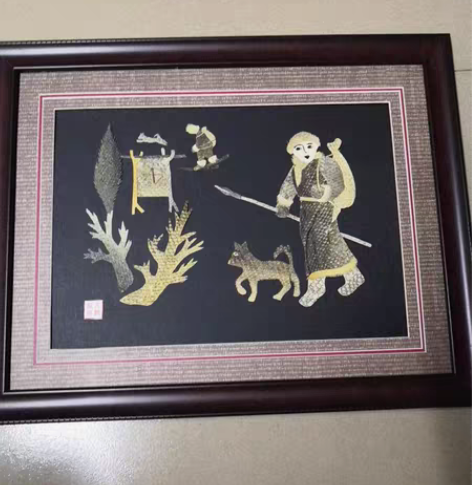 包邮赫哲族鱼皮画 狩猎 手工缝制 东北鱼皮...