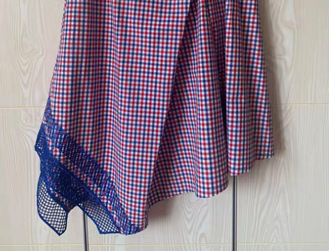 包邮Origin全棉不对称蕾丝绣花格子裙,...