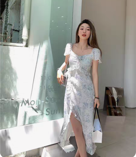 包邮小个子不规则荷叶边雪纺连衣裙女夏季收腰...