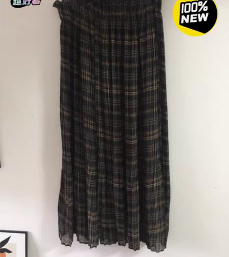 包邮全新无吊牌花苞腰百褶压褶格子半身裙 雪...