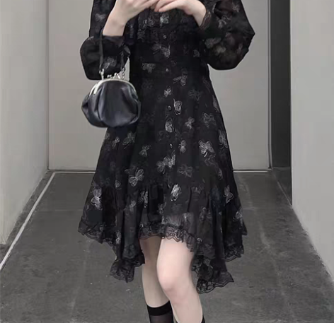 ishui-公主风蝴蝶印花雪纺蕾丝花边不规...