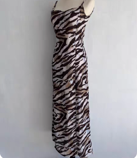 包邮法式 高级 小众款 性感豹纹雪纺吊带连...