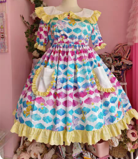 手作s码纯棉复古昭和风可爱泡泡袖连衣裙 仔...