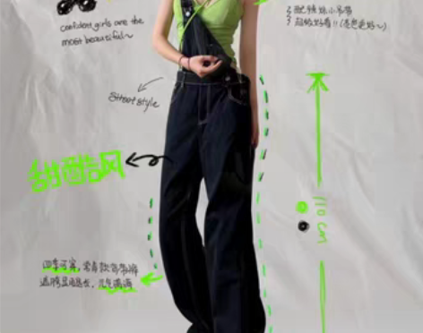 转卖23早春新款黑色牛仔背带裤女高腰显瘦宽...