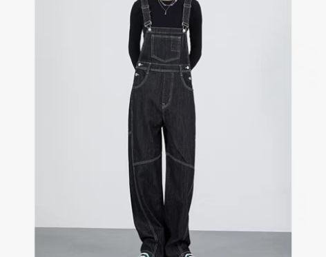 转卖设计感黑色背带牛仔裤女2023年春季新...