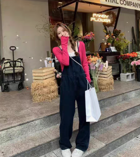 包邮#换季穿新衣 春日杂志社 背带牛仔裤女...