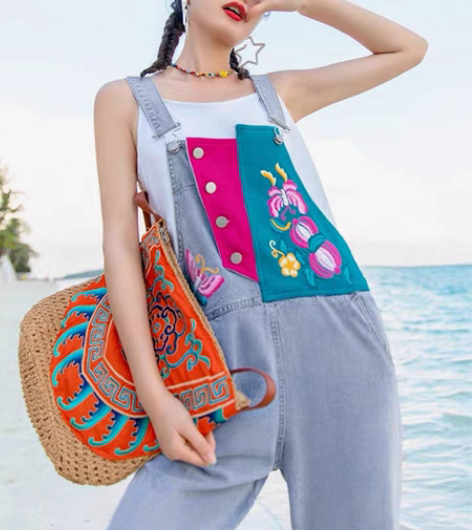 素萝小眉轻烟 原创民族风背带裤新款浅色薄刺...