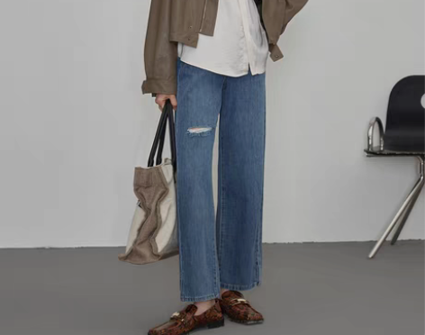 转卖阿cir破洞阔腿牛仔裤女高腰2021年...