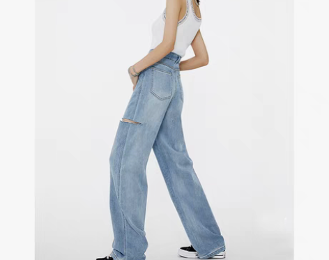 转卖薄款破洞牛仔阔腿裤女2023春秋新款宽...