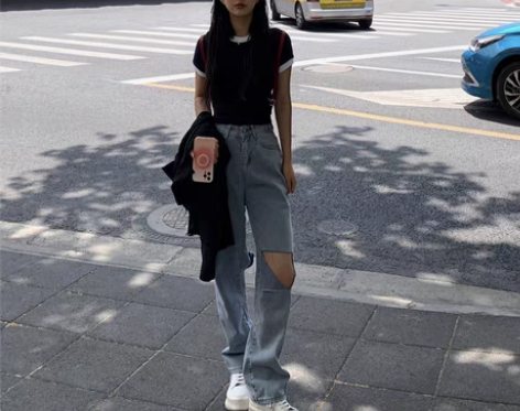 转卖yes93line 高腰破洞牛仔裤子女...