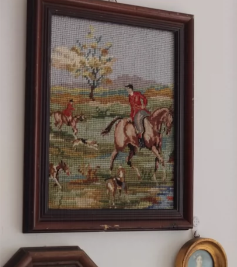 特vintage西洋中古骑马狩猎图绒绣挂画...