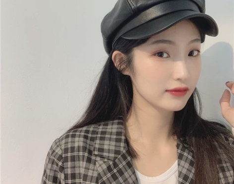 贝雷帽女pu皮质纯色百搭休闲气质复古文艺画...