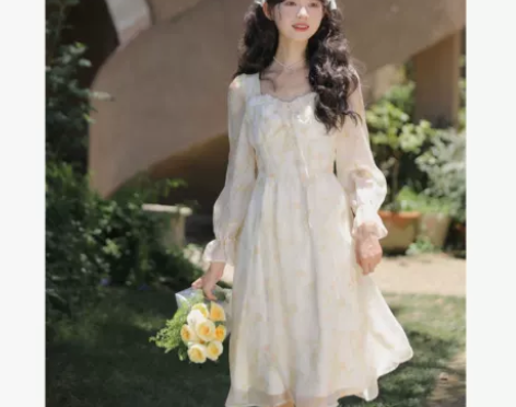 玲玖2023新款长袖法式复古中长款碎花裙设...