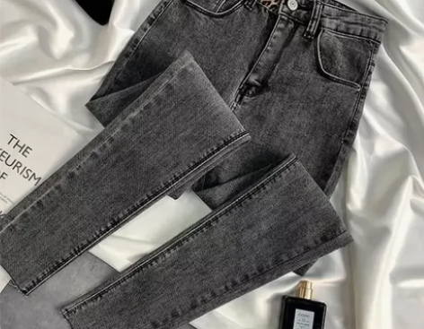 加绒/单裤 斜纹烟灰色牛仔裤女高腰显瘦九分...