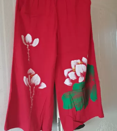 棉麻彩绘阔腿裤松紧腰最大拉伸98厘米裤长9...