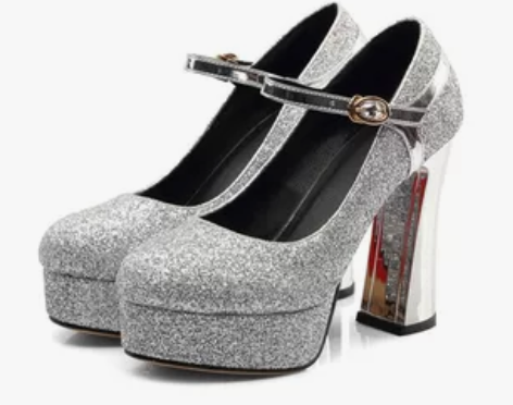 亮片防水台单鞋晚会主持礼服款高跟鞋女粗跟婚...