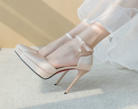 12cm一字扣带高跟防水台婚鞋女白纱新娘鞋...