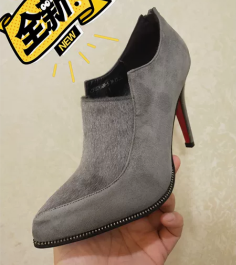 全新可伊可品牌时尚短靴后拉链尖头细跟马毛绒...