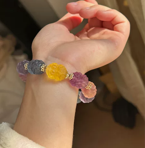 全新天然萤石手串彩虹糖果配色单圈 雕刻：双...