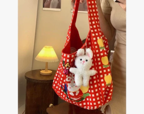 原创设计秋冬复古可爱红色格子卡通插画帆布包...