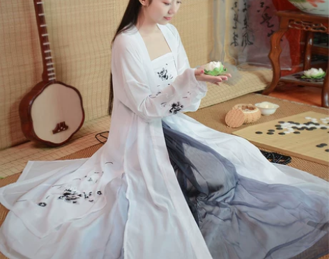 如梦霓裳春夏汉服女绣花长褙子花非花白色水墨...