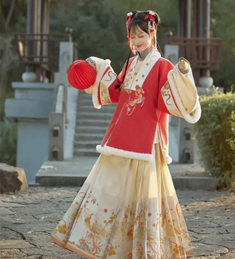 七月夕瑞雪红色半臂披袄加马面裙两件 XS码...