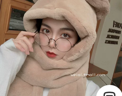 小熊护耳朵帽子女秋冬季可爱冬天毛绒围巾连帽...