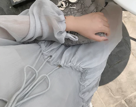 宽松系带v领百褶裙雪纺连衣裙夏季新款女长袖...