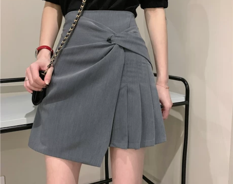 2022新款韩版高腰显瘦不规则小众A字百褶...