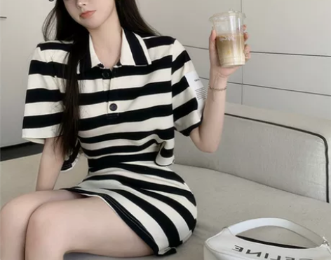 polo领条纹t恤连衣裙夏季仙气设计感小众...