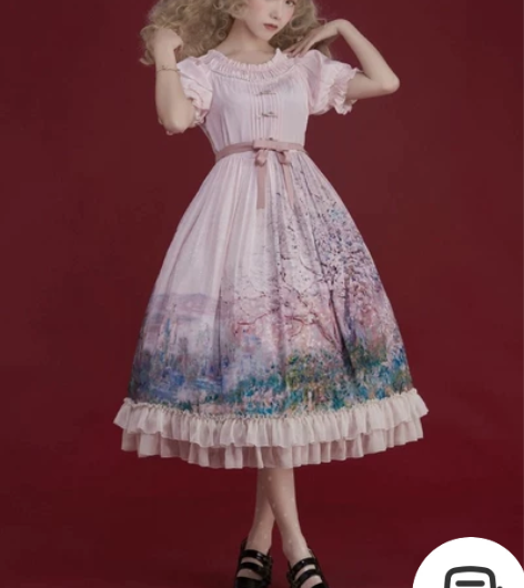 仲夏物语莫奈油画长裙 粉色S码 全新 带吊...