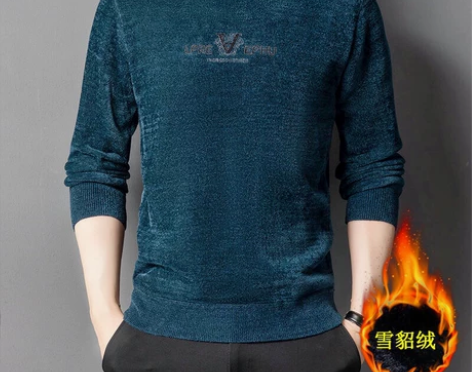 雪尼尔男士加绒加厚长袖圆领针织衫保暖毛衣 ...