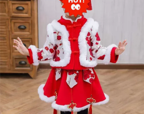 汉服儿童女童冬季套装加绒国风唐装周岁宝宝过...