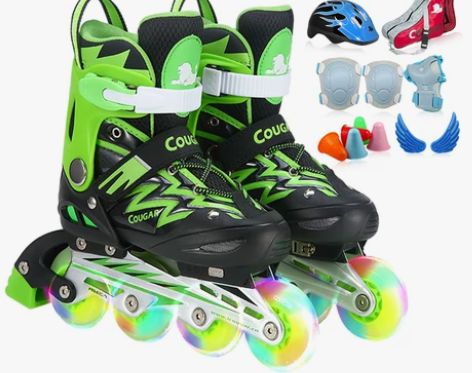 美洲狮溜冰鞋儿童全闪套装可调直排轮滑鞋成人...