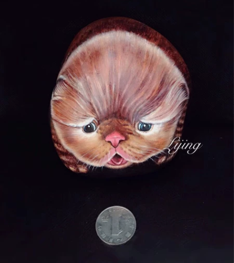 全新 手绘 石头画 《萌猫》，家居装饰品摆...