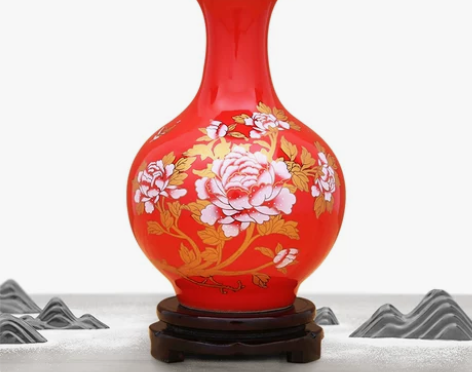 景德镇陶瓷器红色插花干花瓶家居工艺品酒柜客...