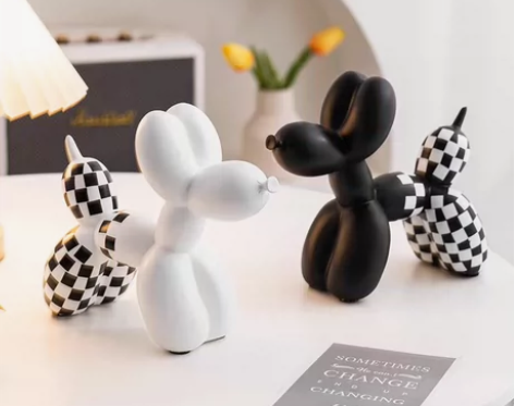 卡通黑白格气球狗摆件树脂工艺品北欧创意颜值...