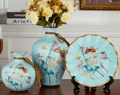 [真陶瓷]花瓶摆件三件套欧式现代简约客厅玄...