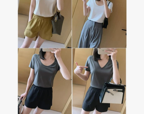 纯色短袖女U领设计感宽松休闲T恤 全新 ...
