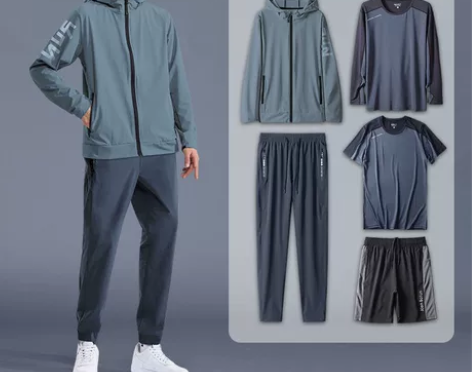 运动套装男户外晨跑防风健身房长袖速干宽松春...