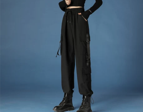 黑色工装裤女2022夏季新款小个子炸街显瘦...