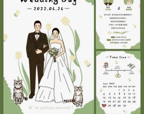 黑豆日系婚礼请柬邀请函请帖定制手绘婚纱插画卡通人物形象设计