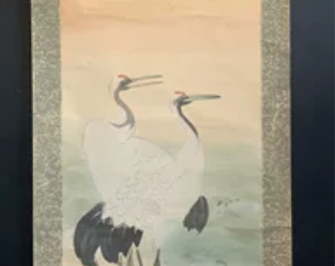 日本回流纯手绘老画仙鹤图 绢本綾裱，画心长...