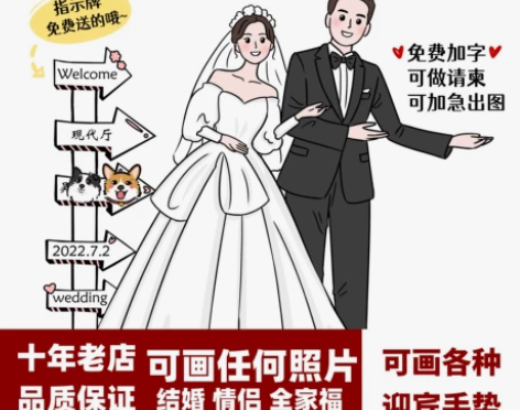 婚礼请柬 请柬结婚手绘头像Q版定制情侣家庭...