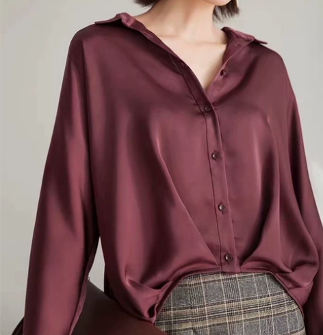 宛宛高端定制缎面枣红色衬衫！不易皱免打理、...