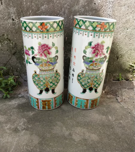 景德镇老厂货帽筒一对 书画筒高26.5cm...